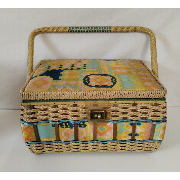 Vintage Wicker Sewing Basket - Accessories & Silk Top Cushion for Pins - Picture 1 of 8